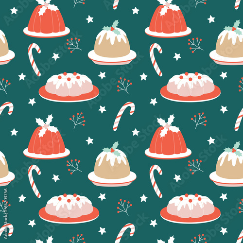 Seamless vector pattern with Christmas puddings, pies and candies,. Holiday design for textile, fabric, wrapping paper, scrapbooking design