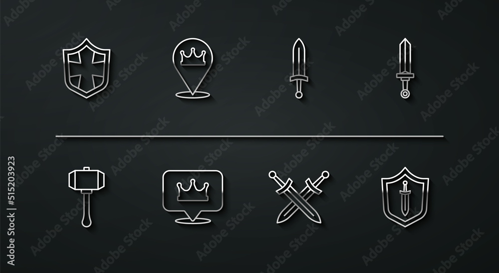Set line Shield, Hammer, Medieval sword, Crossed medieval, Location king crown, shield with and icon. Vector Set line Shield, Hammer, Medieval sword, Crossed medieval, Location king crown, shield with and icon. Vector