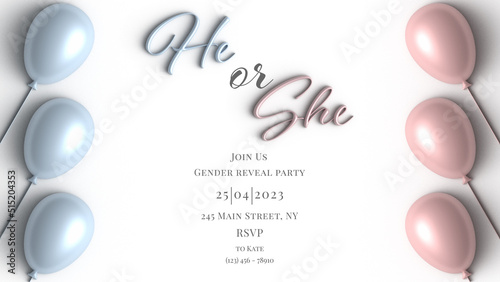 Invitation for gender reveal party. He or she postcard. Baby shower announcement banner in soft pink and blue pastel colours background, 3d. Boy or girl, trending illustration trending
