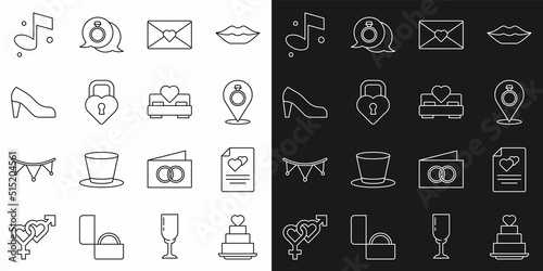 Set line Wedding cake with heart, Greeting card, rings, Envelope Valentine, Castle the shape of, Woman shoe, Music note and Bedroom icon. Vector