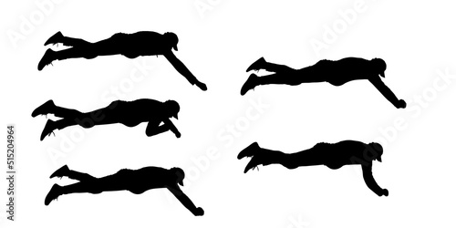 A young guy lies on his stomach and stretches his hand down. A person helps, pulls something or someone. Rescuer. A group of athletes. Sport competitions. Five black male silhouettes isolated on white