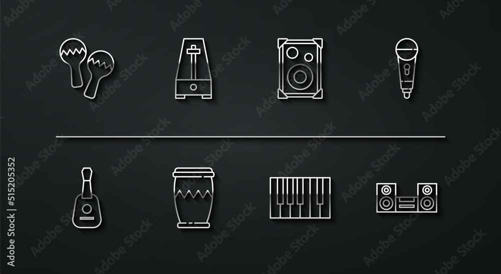 Set line Maracas, Guitar, Microphone, Grand piano, Drum, Metronome with pendulum, Home stereo and Stereo speaker icon. Vector Set line Maracas, Guitar, Microphone, Grand piano, Drum, Metronome with pendulum, Home stereo and Stereo speaker icon. Vector