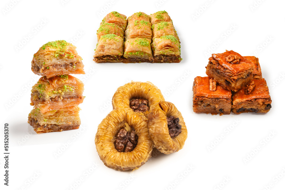 Pistachio baklava on a white background. Dessert. Pistachio baklava on a white background. Dessert.