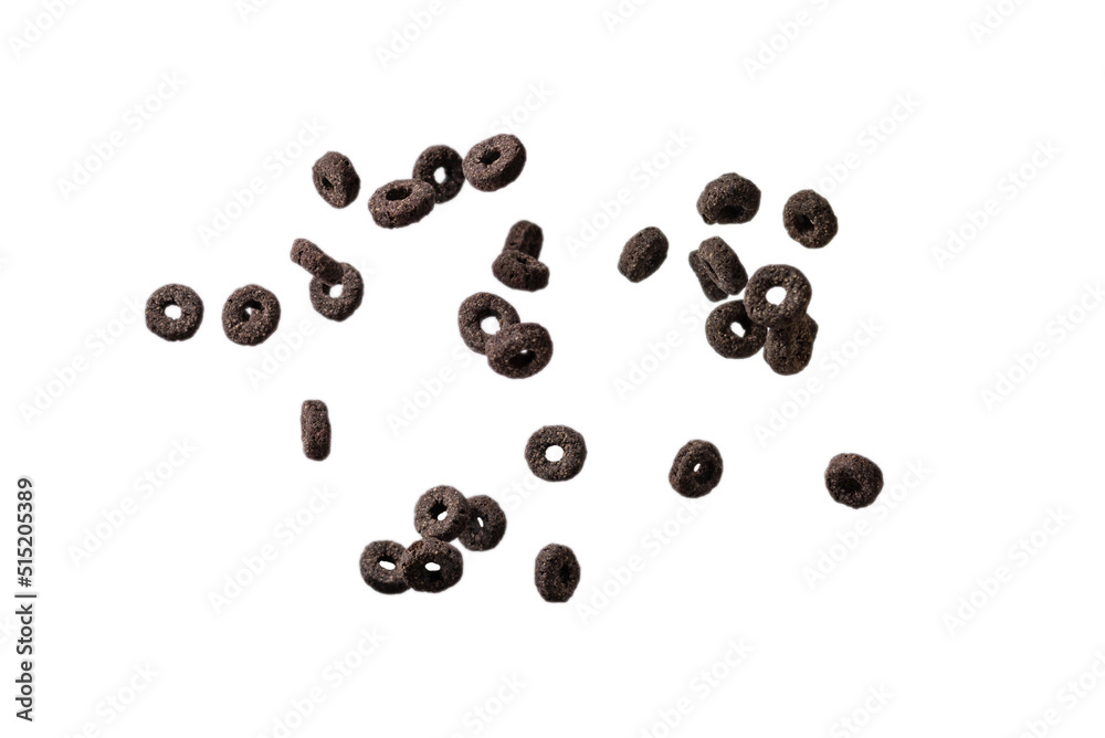 Chocolate rings cereal spill out into a bowl. Breakfast. Chocolate rings cereal spill out into a bowl. Breakfast.