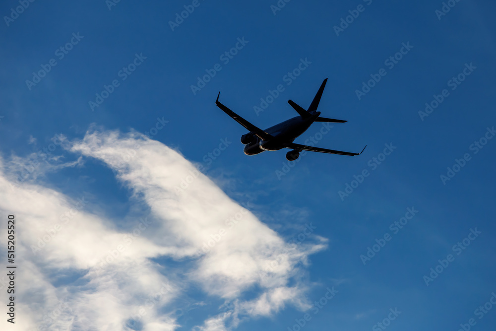 Flight of the plane on the background of a beautiful cloudy sky.