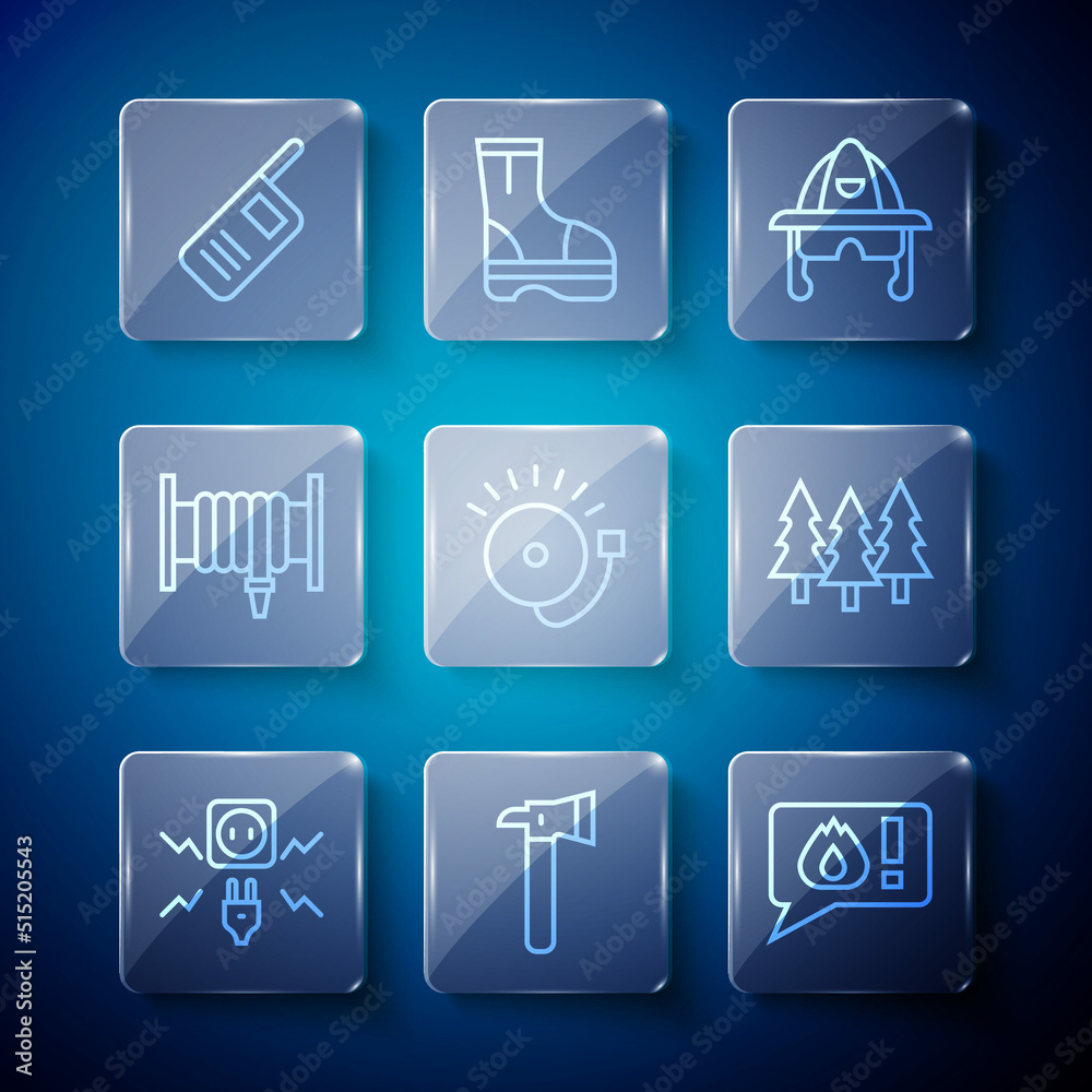 Set line Electricity spark, Firefighter axe, Telephone call 911, helmet, Ringing alarm bell, hose reel, Walkie talkie and Forest icon. Vector