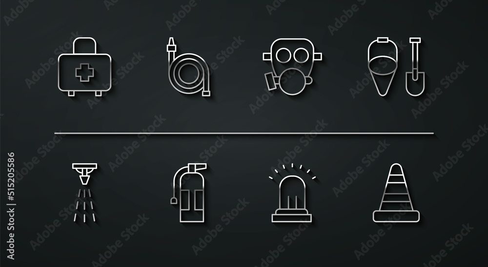 Set line First aid kit, Fire sprinkler, shovel and bucket, Ringing alarm bell, extinguisher, hose reel, Traffic cone and Gas mask icon. Vector