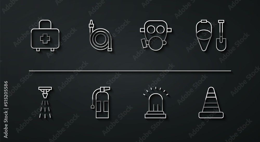 Set line First aid kit, Fire sprinkler, shovel and bucket, Ringing alarm bell, extinguisher, hose reel, Traffic cone and Gas mask icon. Vector Set line First aid kit, Fire sprinkler, shovel and bucket, Ringing alarm bell, extinguisher, hose reel, Traffic cone and Gas mask icon. Vector