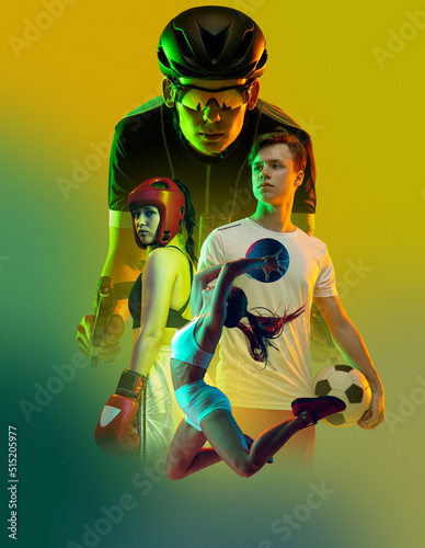 Fototapeta Naklejka Na Ścianę i Meble -  Composite image with young professional sportsmen, soccer player, boxer, cyclist and fitness girl over green yellow background in neon light.