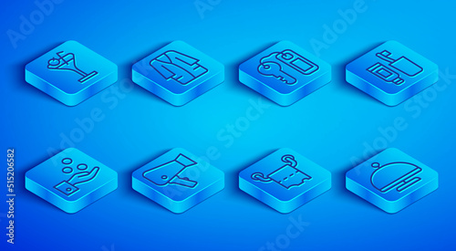 Set line Martini glass, Bathrobe, Hotel door lock key, Hair dryer, Toilet paper roll, Toothbrush and toothpaste, Paying tips and Covered with tray icon. Vector