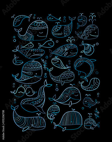 Wild whales collection. Childish style vertical frame for your design