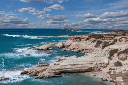 Big waves break on the rocky shore on the mediterranean sea.Cyprus