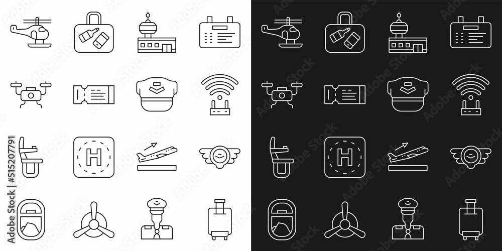Set line Suitcase, Aviation emblem, Router and wi-fi signal, Airport control tower, Airline ticket, Drone flying, Helicopter and Pilot hat icon. Vector Set line Suitcase, Aviation emblem, Router and wi-fi signal, Airport control tower, Airline ticket, Drone flying, Helicopter and Pilot hat icon. Vector