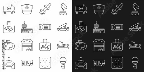 Set line Hot air balloon, Plane landing, Passenger ladder, Rocket, Airport control tower, Suitcase, Fuel tanker truck and Airline ticket icon. Vector