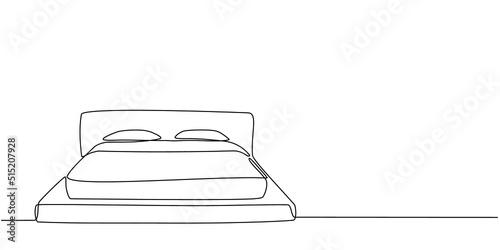 Continuous line drawing of double bed with table and houseplants. Modern loft furniture for the bedroom in a minimalist single-line style. vector illustration in doodle style