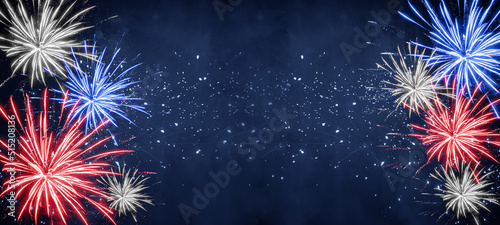 Принти на полотні USA america united states new year, new years eve or Independence Day celebration holiday background greeting card - Blue red white firework on dark night sky