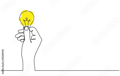 Continuous line drawing of hand holding electric light bulb. Environmental idea metaphor. Light bulb from business idea concept hand holding light bulb in doodle style. Vector illustrations