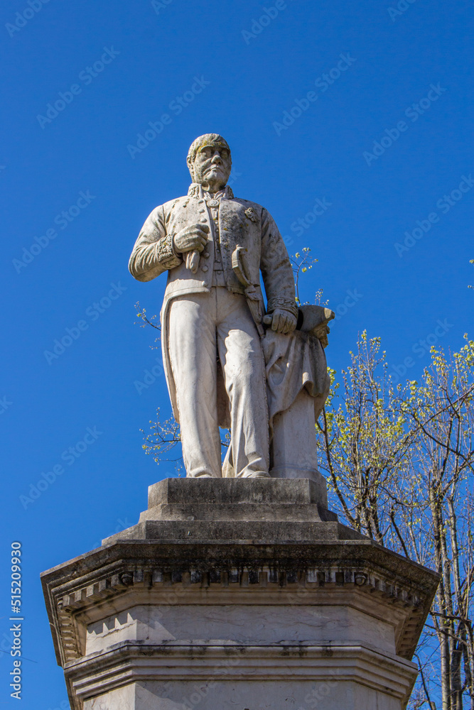 Santo Tirso, Portugal - April 3, 2022: The Sao Bento Square at the city centre of Santo Tirso. The Sao Bento Count statue.