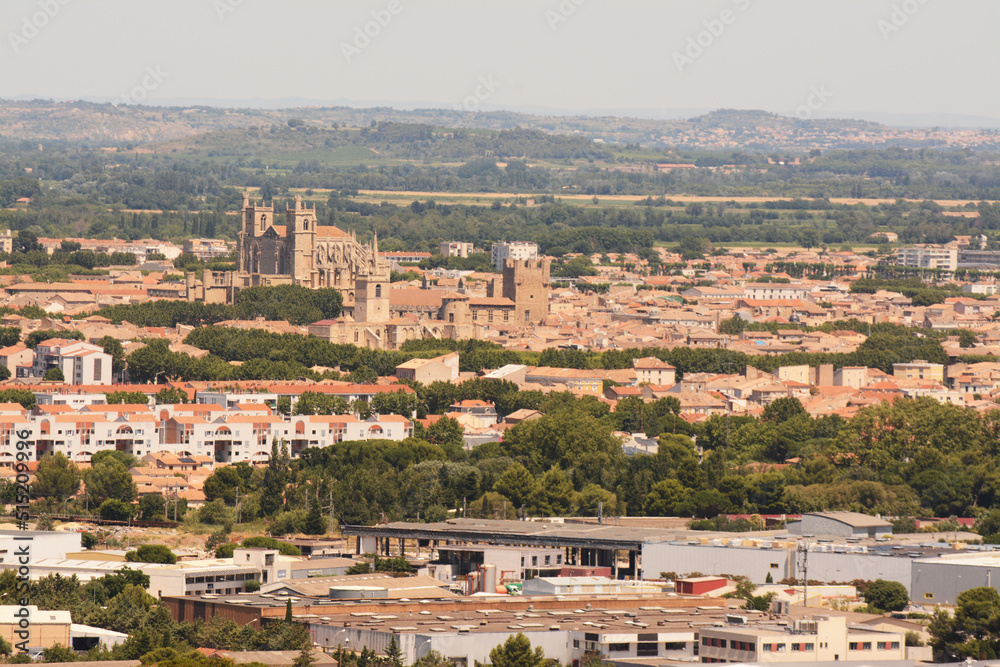 Vue depuis la colline des Hauts de Narbonne :  la basilique de Narbonne et le centre-ville.