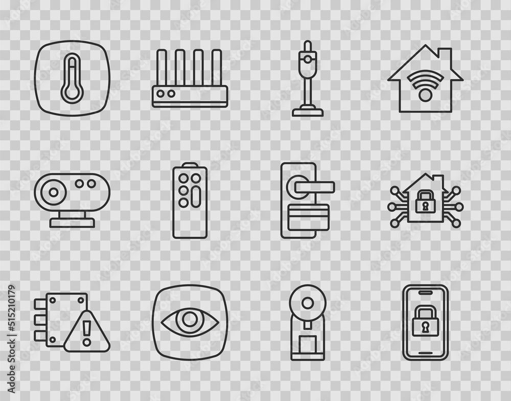 Set line House under protection, Digital door lock, Vacuum cleaner, Security camera, Thermostat, Remote control, Smart coffee machine and home icon. Vector Set line House under protection, Digital door lock, Vacuum cleaner, Security camera, Thermostat, Remote control, Smart coffee machine and home icon. Vector