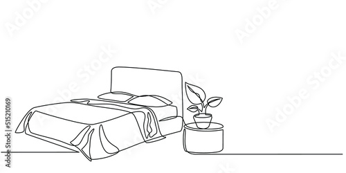 Continuous line drawing of double bed with table and houseplants. Modern loft furniture for the bedroom in a minimalist single-line style. vector illustration in doodle style