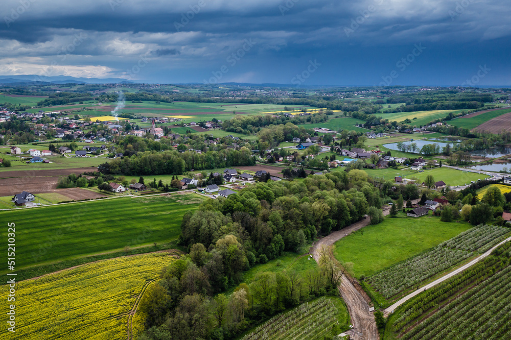 Naklejka premium Drone photo of rural area in Miedzyrzecze Gorne, small village in Bielsko County, Poland