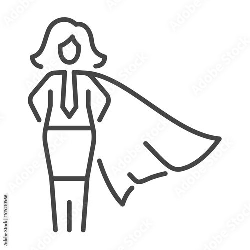 Superwoman outline icon. Strong superhero girl wearing cape. Businesswoman leader linear illustration. Feminism, girl power concept.