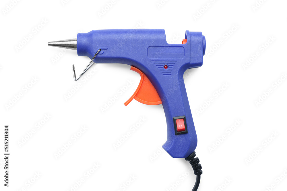 Empty blue glue gun isolated on white, top view Empty blue glue gun isolated on white, top view