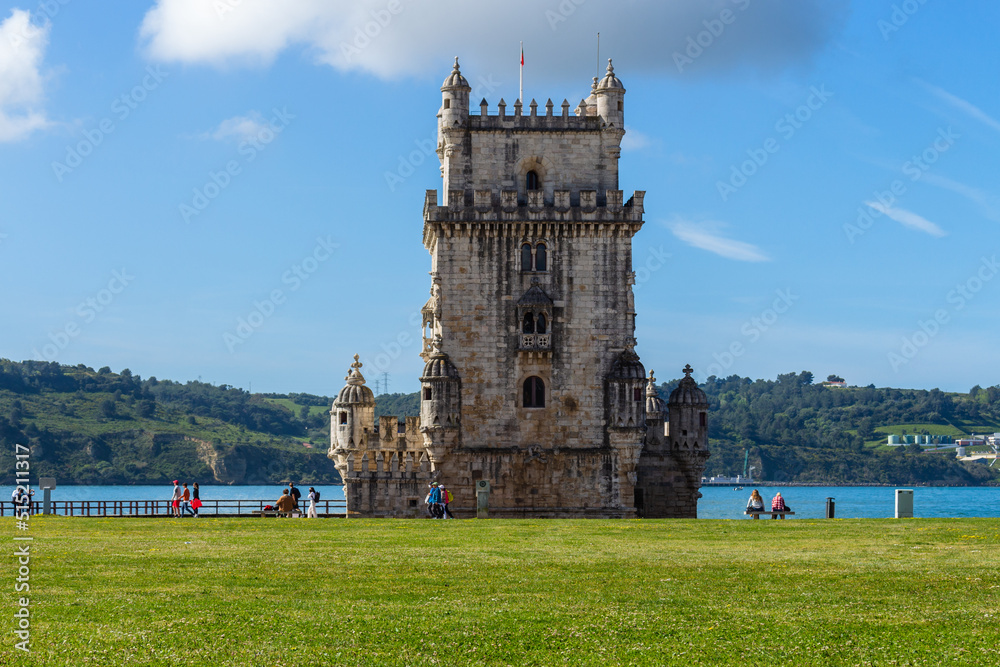 Lisbon, Portugal, April 24, 2022: The Belem Tower (Torre de Belém) was built between 1514 and 1520 in a Manueline style by the Portuguese architect and sculptor Francisco de Arruda.