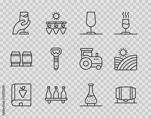 Set line Book about grapes, Wooden barrel for wine, Wine glass, Bottle of, tasting, degustation, opener, Decanter and Vineyard icon. Vector