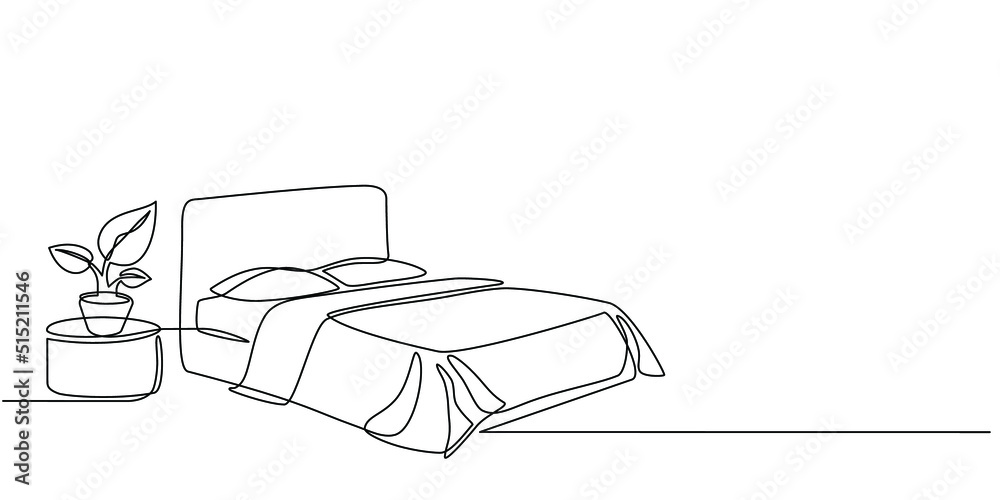 Continuous line drawing of double bed with table and houseplants. Modern loft furniture for the bedroom in a minimalist single-line style. vector illustration in doodle style Continuous line drawing of double bed with table and houseplants. Modern loft furniture for the bedroom in a minimalist single-line style. vector illustration in doodle style