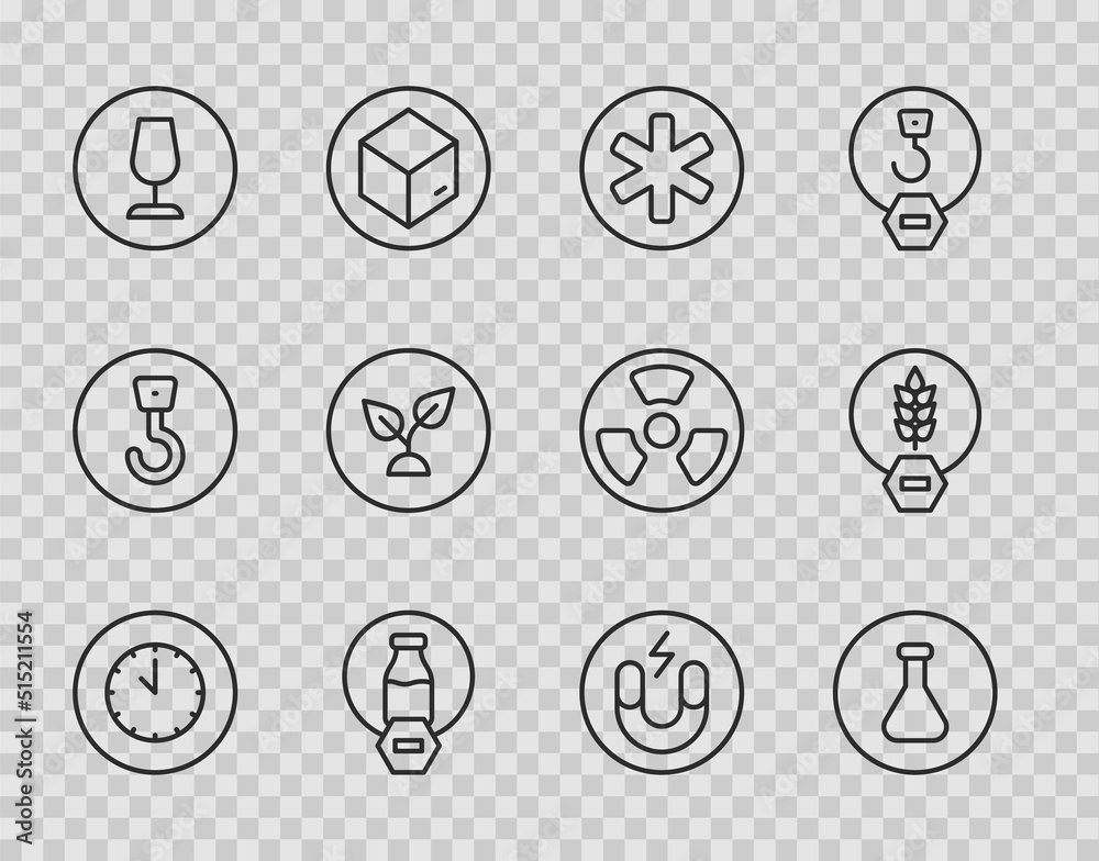 Set line Clock, Test tube and flask, Medical symbol of the Emergency, Lactose free, Fragile broken glass, Plant based, Magnet and Gluten grain icon. Vector Set line Clock, Test tube and flask, Medical symbol of the Emergency, Lactose free, Fragile broken glass, Plant based, Magnet and Gluten grain icon. Vector
