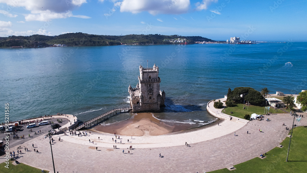 The Belem Tower (Torre de Belém) was built between 1514 and 1520 in a ...