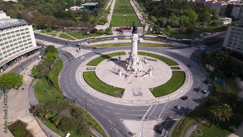 Lisbon, Portugal, April 24, 2022: view of the Marquis of Pombal Square (Praca do Marques de Pombal). The bronze statue of Sebastiao Jose de Carvalho e Melo, better known as the Marquês of Pombal photo