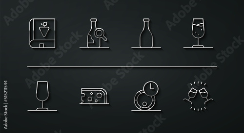 Set line Book about grapes, Wine glass, Wooden barrel for wine, Cheese, Bottle of, tasting, degustation and icon. Vector