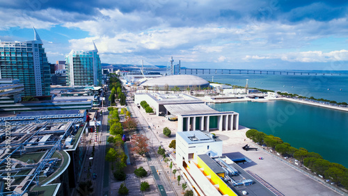 Lisbon, Portugal, April 24, 2022: The Parque das Nacoes (Park of Nations), is a neighborhood in Lisbon constructed for the 1998 Lisbon World Exposition. photo