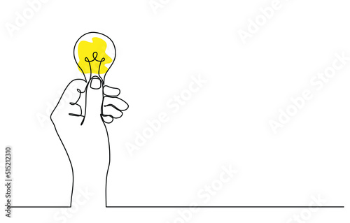 Continuous line drawing of hand holding electric light bulb. Environmental idea metaphor. Light bulb from business idea concept hand holding light bulb in doodle style. Vector illustrations