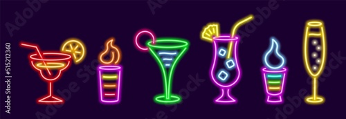 Neon colorful popular cocktails set. Glowing B52 with irish cream with figured foam in glass cup. Elite champagne with bubbles in glass. Bright pina colada with pineapple vector wedge