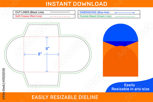 Circle envelope die cut template and 3D envelope_Box dieline and 3D box