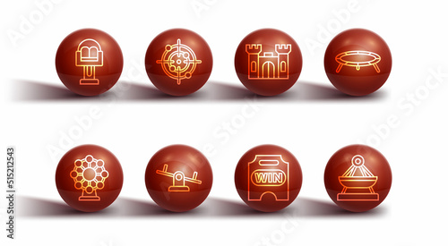 Set line Attraction carousel, Ferris wheel, Jumping trampoline, Circus ticket, Seesaw, Target sport, Boat swing and Castle icon. Vector