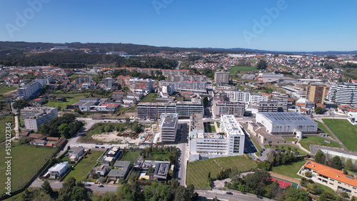 Santo Tirso, Portugal - April 3, 2022: Aerial view - The Pavilhão Desportivo Municipal (Municipal Sports Pavilion) in Santo Tirso, Portugal.
