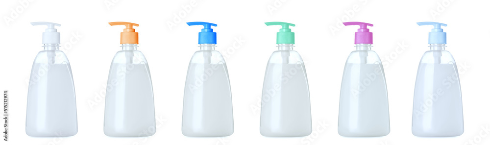 Set with bottles of liquid soap on white background. Banner design Set with bottles of liquid soap on white background. Banner design