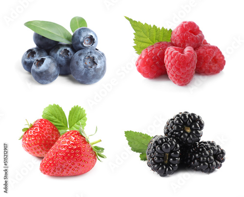 Set with different ripe berries and green leaves on white background