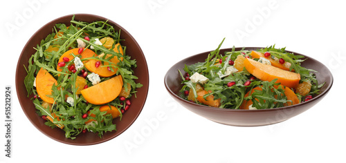 Tasty persimmon salads on white background, collage. Banner design