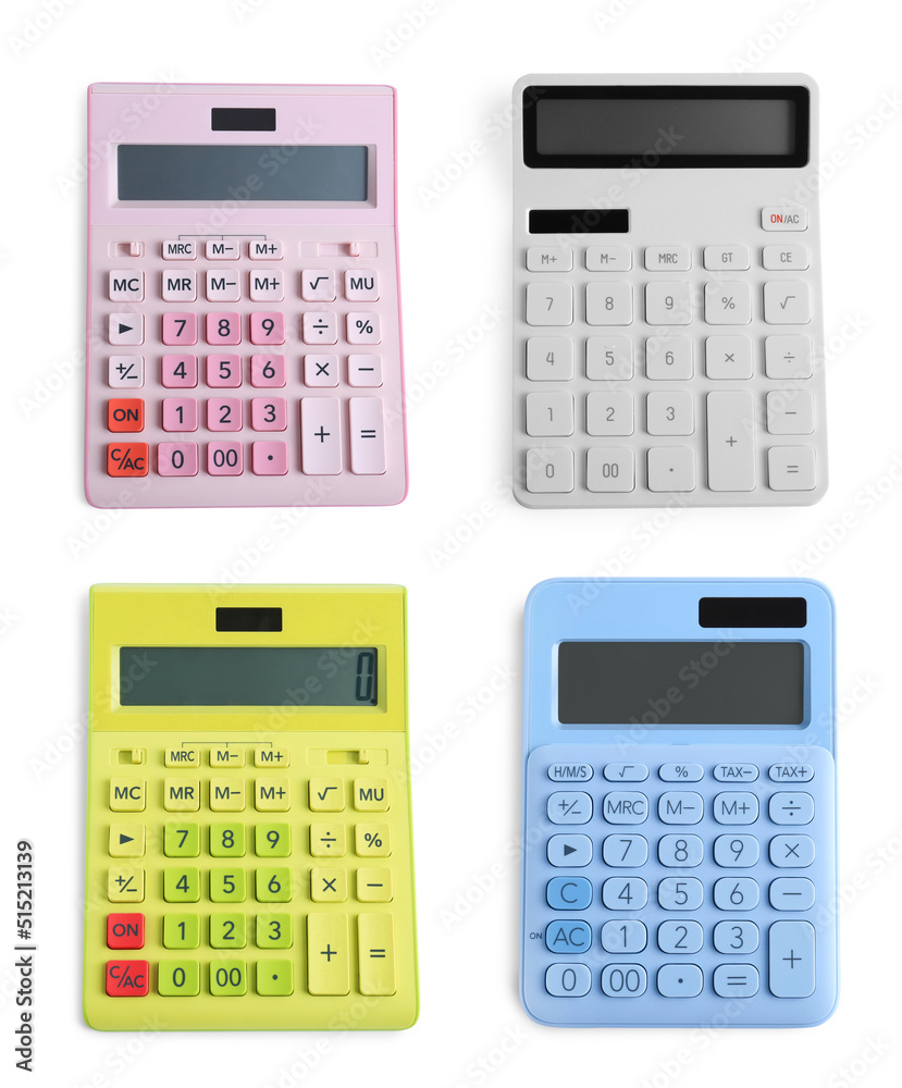 Set with different calculators on white background, top view Set with different calculators on white background, top view