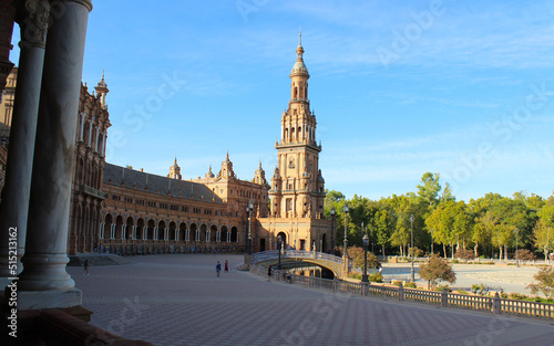 Seville, Spain, September 11, 2021: The Spanish Steps in Seville or 'Plaza de España', where the main building of the Ibero-American Exhibition of 1929 was built. The South Tower.