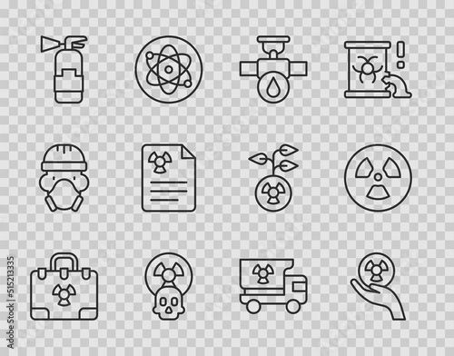 Set line Radiation nuclear suitcase, Radioactive, Industry pipe and valve, Fire extinguisher, warning document, Truck with radiation materials and icon. Vector
