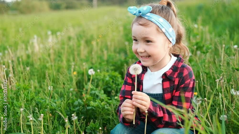 Little happy curly caucasian girl in plaid shirt with headband blowing dandelion in summer at sunset, smiles and has fun Little happy curly caucasian girl in plaid shirt with headband blowing dandelion in summer at sunset, smiles and has fun