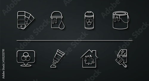 Set line Color palette guide, RGB and CMYK color mixing, Paint bucket, Painting the house, Tube with paint, Car painting and spray can icon. Vector