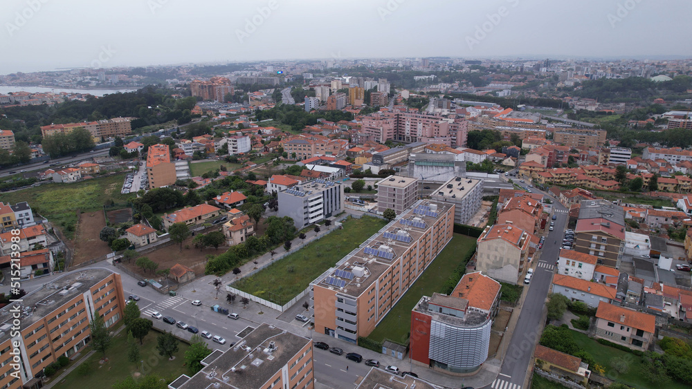 Vila Nova de Gaia, Portugal, May 21, 2022: Amazing panoramic view of Vila Nova de Gaia city with orange buildings.